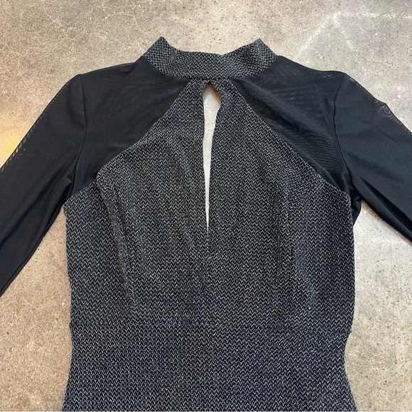 NWT A’GACI Long Sleeve Black Mesh Silver Keyhole Mini Dress Open Back Small - Picture 2 of 5
